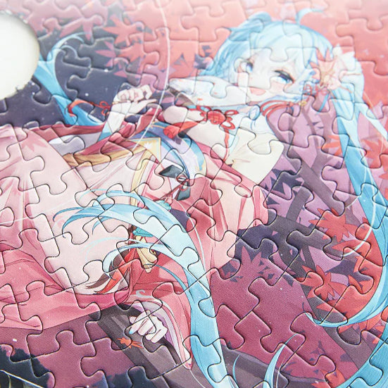 Close-up of a completed Hatsune Miku puzzle featuring her in a floral outfit