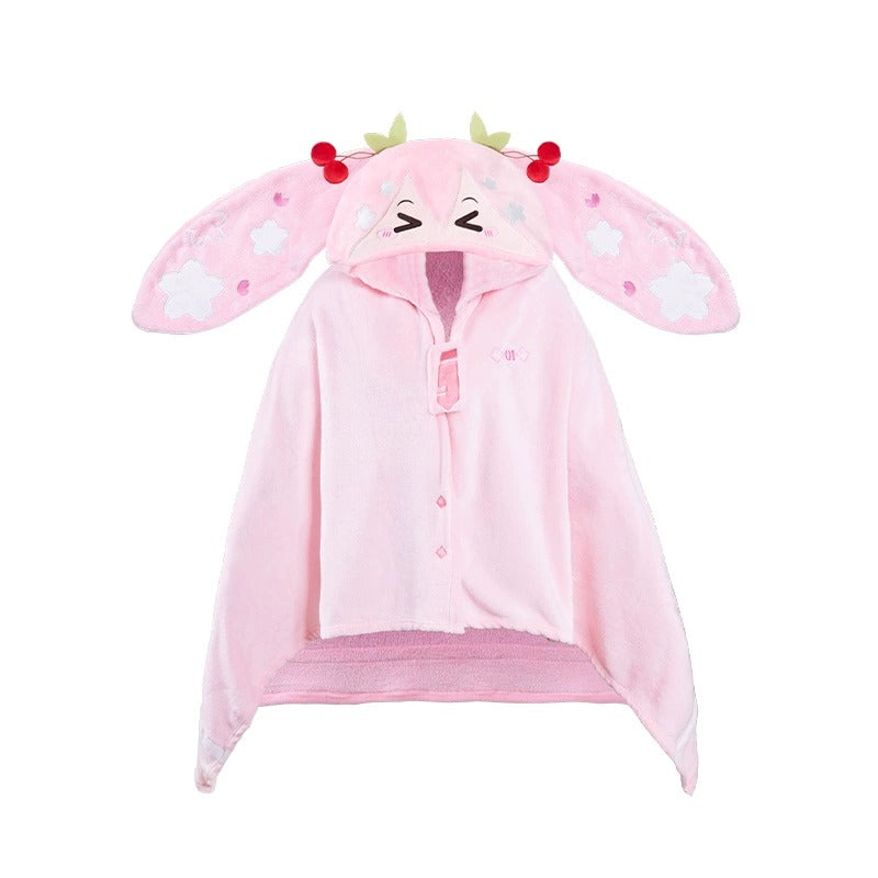 Sakura Hatsune Miku plush cape with bunny ears, cherry details, and floral accents on hood