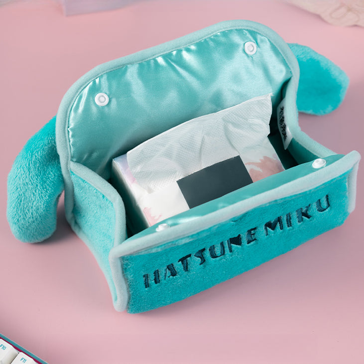 Hatsune Miku plush tissue box with open design, showing tissue pack inside and Miku logo on front