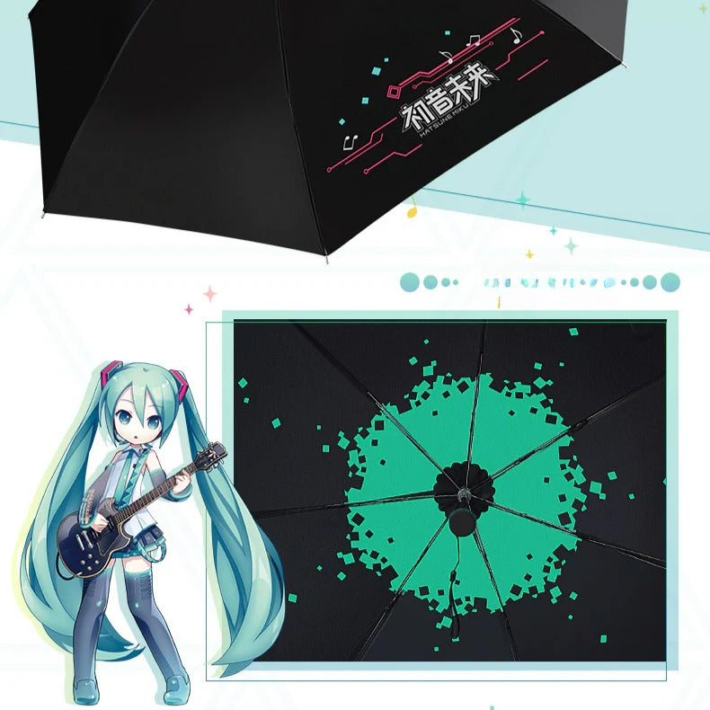 Detail view of Hatsune Miku umbrella with green pixel burst and Miku text design.