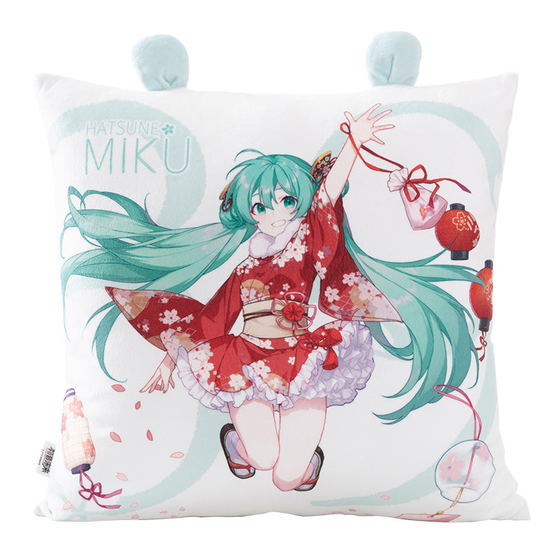 Hatsune Miku plush pillow with red kimono design, featuring cute bunny ears and cherry blossom accents