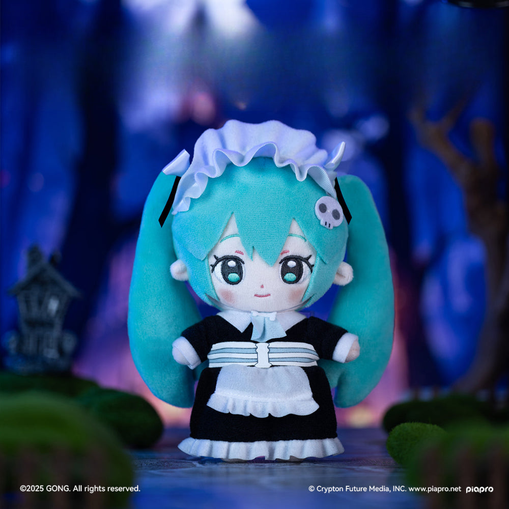 Hatsune Miku Halloween plush doll in black and white maid outfit with skull hair clip.