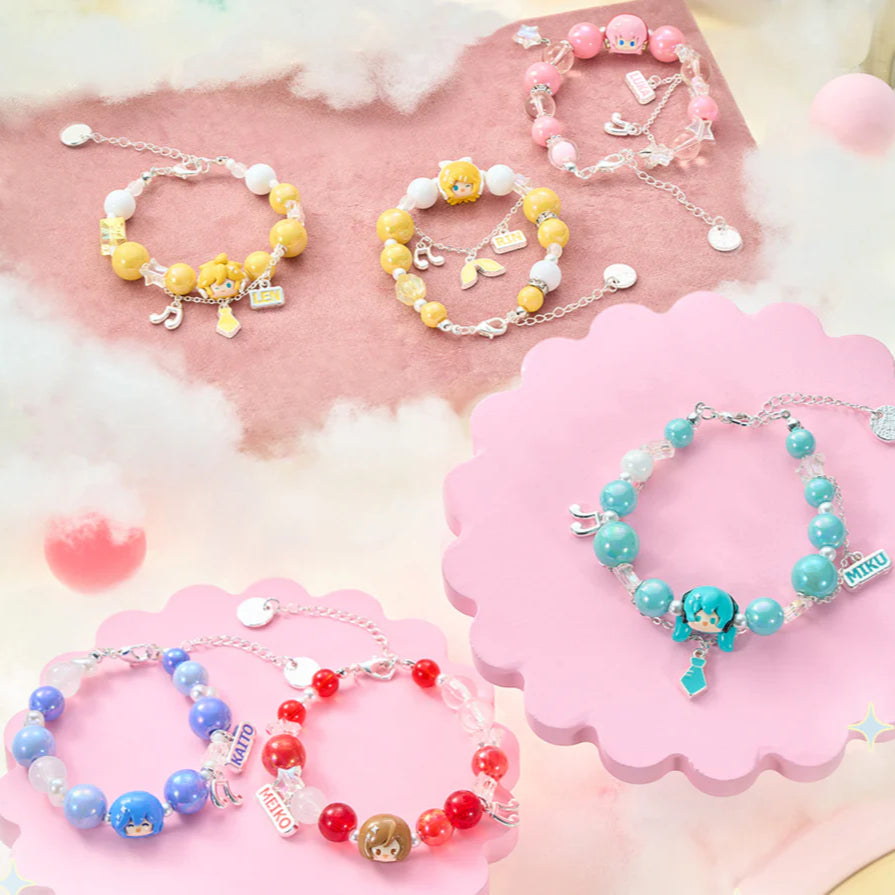 Colorful Vocaloid character beaded bracelets featuring Miku, Rin, Len, Luka, Kaito, and Meiko