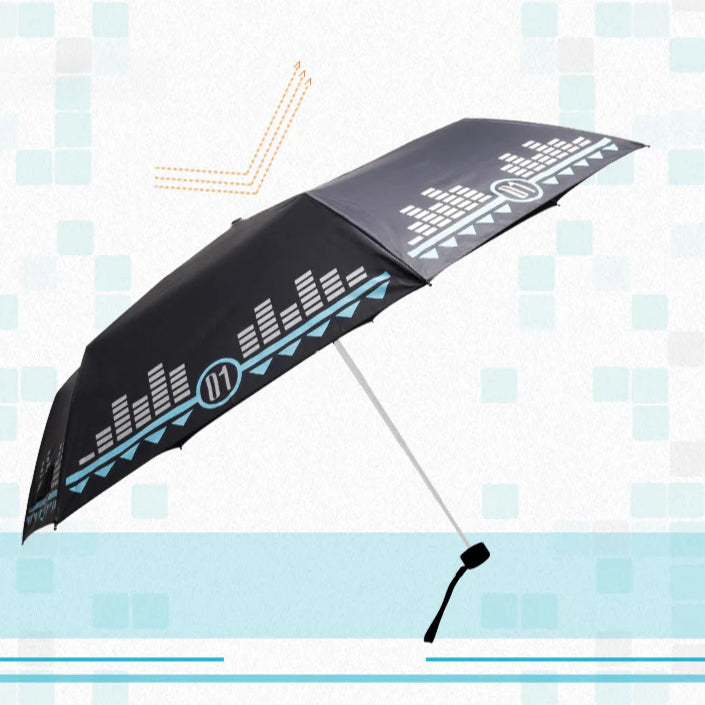 Hatsune Miku-themed umbrella with black design featuring soundwave and geometric patterns.