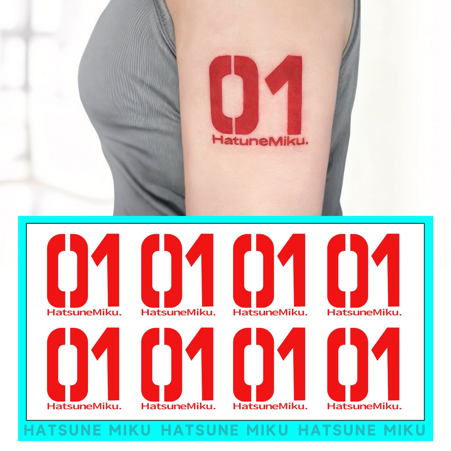 Hatsune Miku 01 Temporary Tattoos – Waterproof Temporary Tattoos for Cosplay, Parties, Festivals, Concerts, and Anime Conventions– 8 pcs (Same Design)