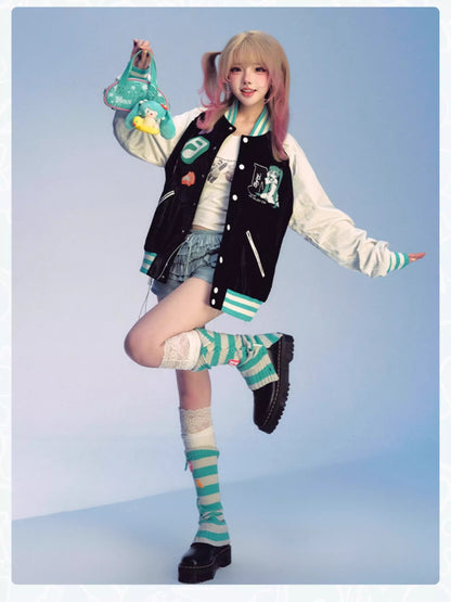Official Licensed Hatsune Miku Velvet Varsity Jacket – Music Note Design, Hip-Hop Short Jacket