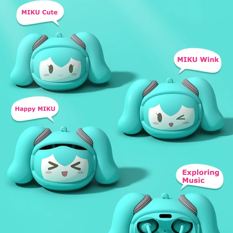 Official Hatsune Miku Clip-on Bluetooth Headphones, Slide-to-Change Face Open-Ear Earbuds with Cute Miku Expressions