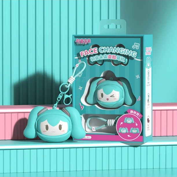 Official Hatsune Miku Clip-on Bluetooth Headphones, Slide-to-Change Face Open-Ear Earbuds with Cute Miku Expressions