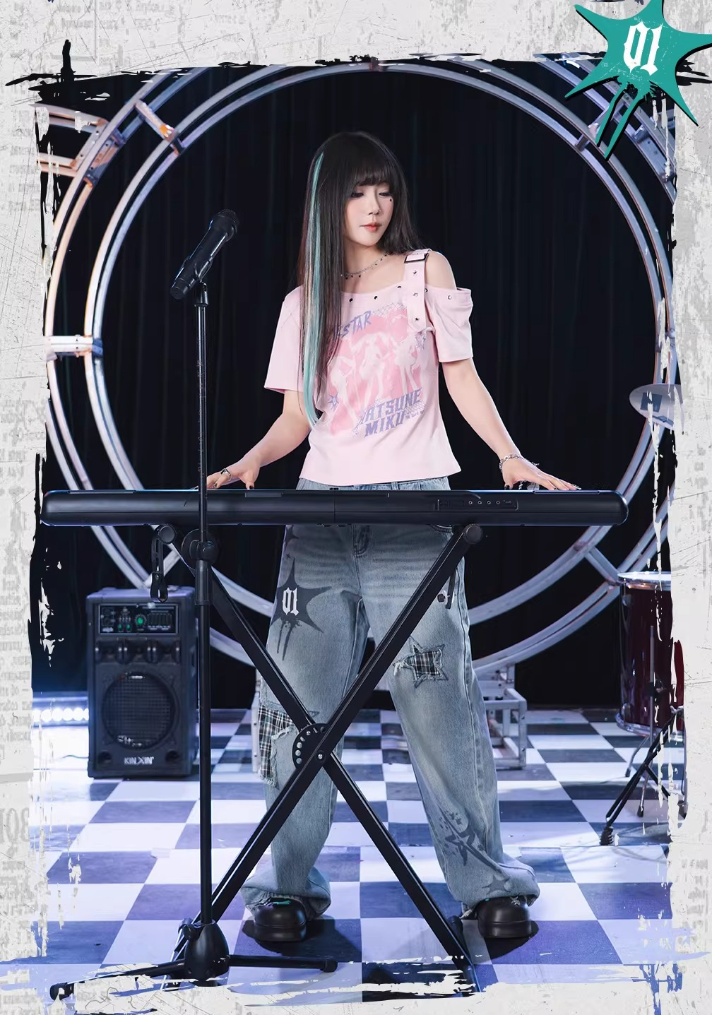 Official Hatsune Miku Rock Future Vintage One-Shoulder Cami Short Sleeve Top, Loose-Fit Summer Shirt
