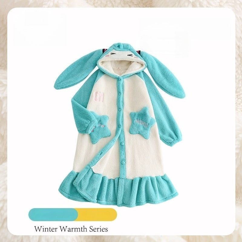 Fanmade Creations Hatsune Miku Coral Fleece Thick Lined Winter Robe Set – Cozy Home Loungewear