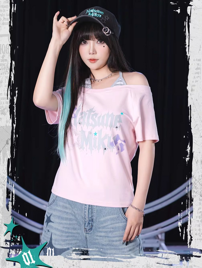 Official Hatsune Miku Rock Future Vintage Off-Shoulder Cropped T-Shirt for Women, Loose-Fit Top