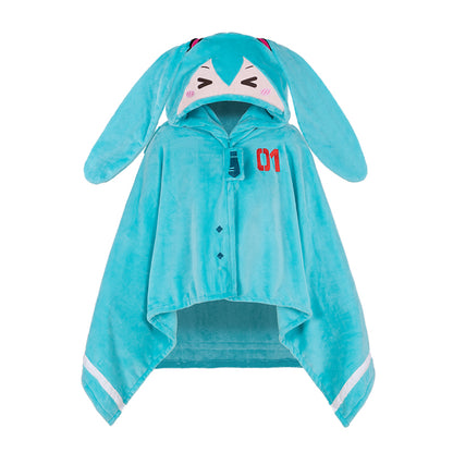 Hatsune Miku plush cape with bunny ears and "01" embroidery, featuring a cute smiling face on the hood