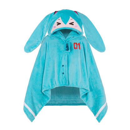 Hatsune Miku plush cape with bunny ears and "01" embroidery, featuring a cute smiling face on the hood