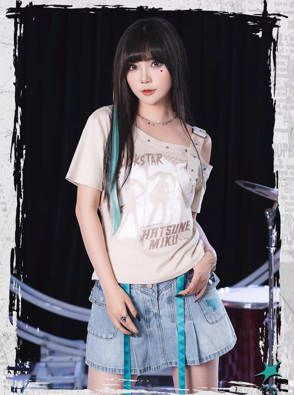 Official Hatsune Miku Rock Future Vintage One-Shoulder Cami Short Sleeve Top, Loose-Fit Summer Shirt