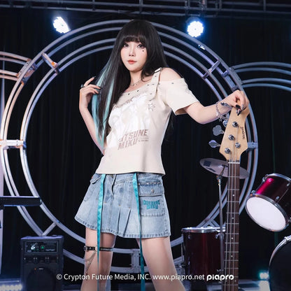 Official Hatsune Miku Rock Future Vintage One-Shoulder Cami Short Sleeve Top, Loose-Fit Summer Shirt
