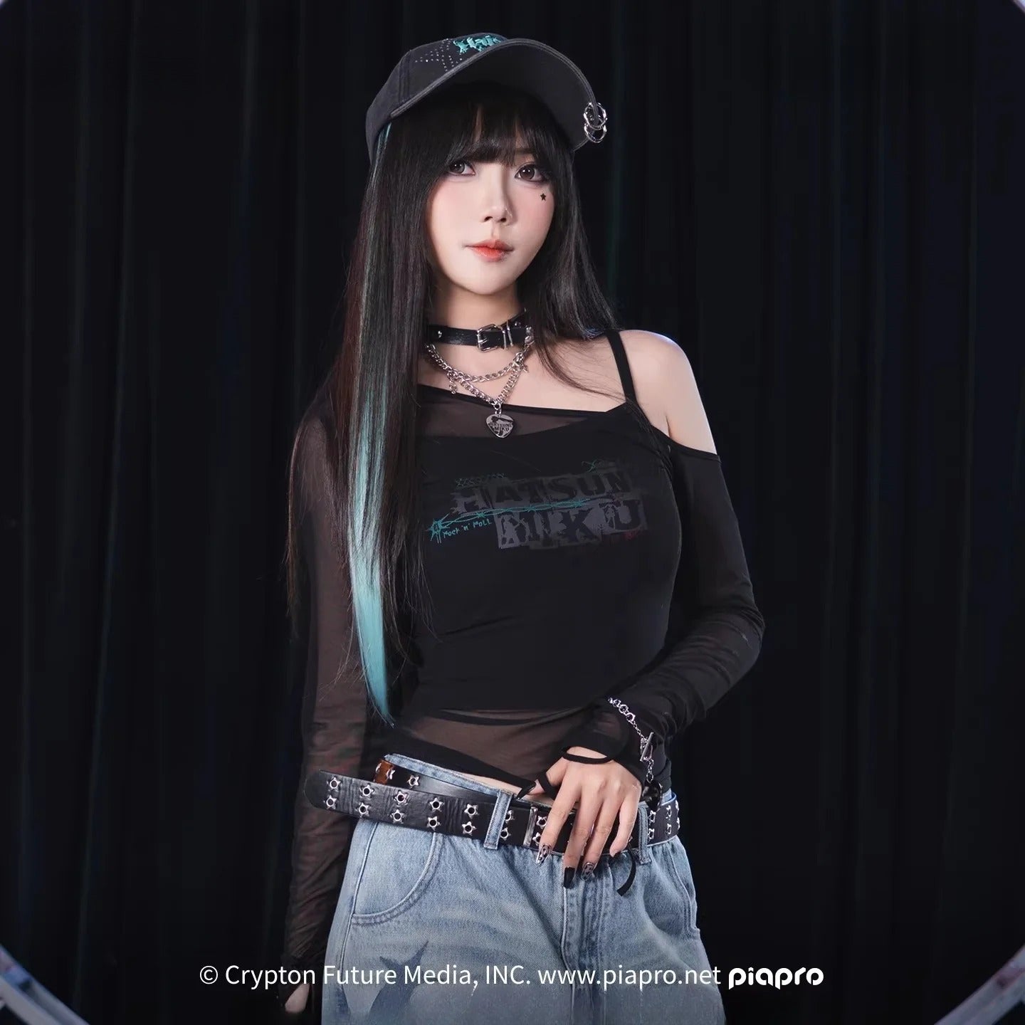 Official Hatsune Miku Rock Future Off-Shoulder Mesh Long Sleeve Top for Women, Layered Cami T-Shirt