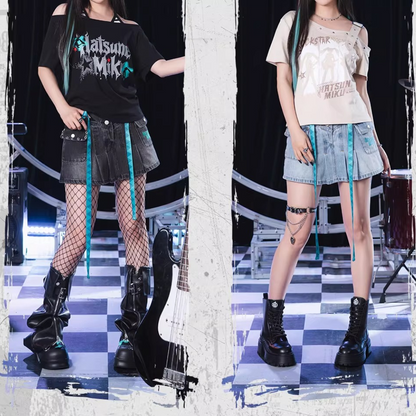 [Pre-Order, Ships Within 30 Days] Official Hatsune Miku Rock Future Denim Mini Skirt for Women, Casual A-Line Skirt