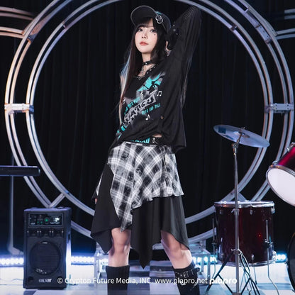 Official Hatsune Miku Rock Future Plaid Patchwork Asymmetrical High-Waisted Mini Skirt for Women