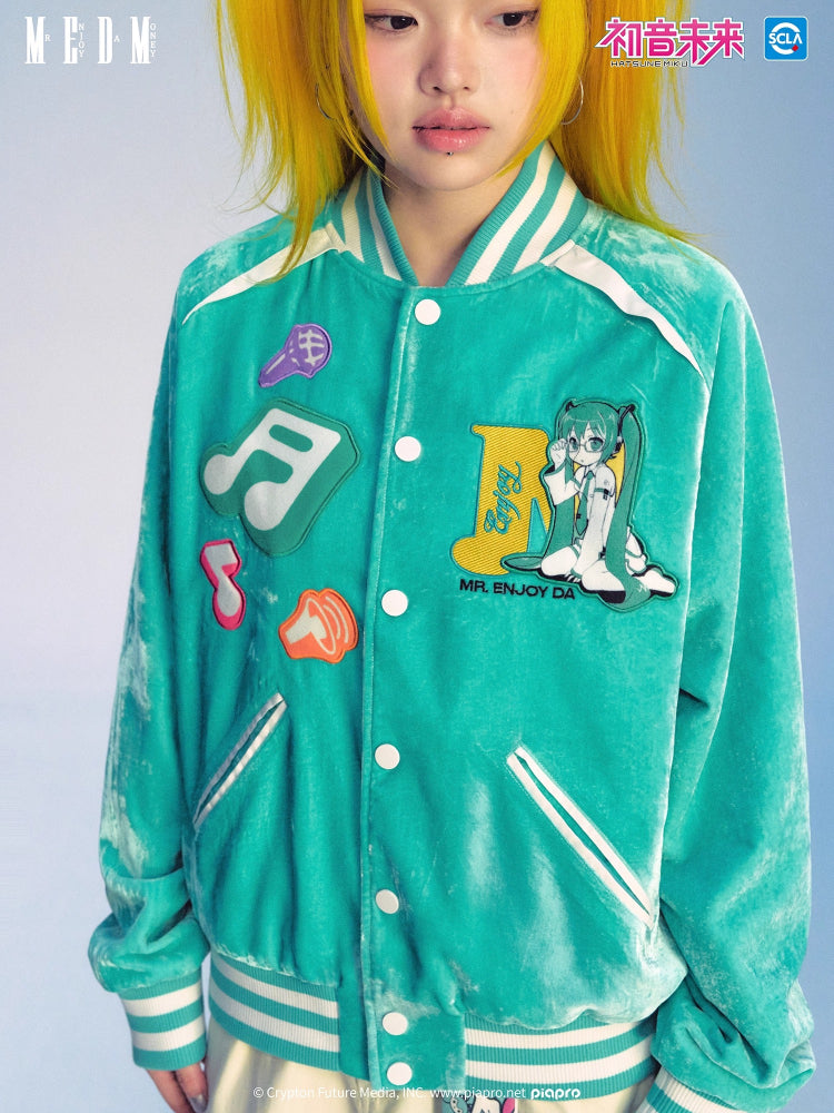 Official Licensed Hatsune Miku Velvet Varsity Jacket – Music Note Design, Hip-Hop Short Jacket