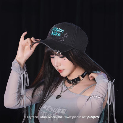 [Pre-Order, Ships Within 60 Days]Official Hatsune Miku Rock Future Embroidered Distressed Baseball Cap, Unisex Sun Visor Hat