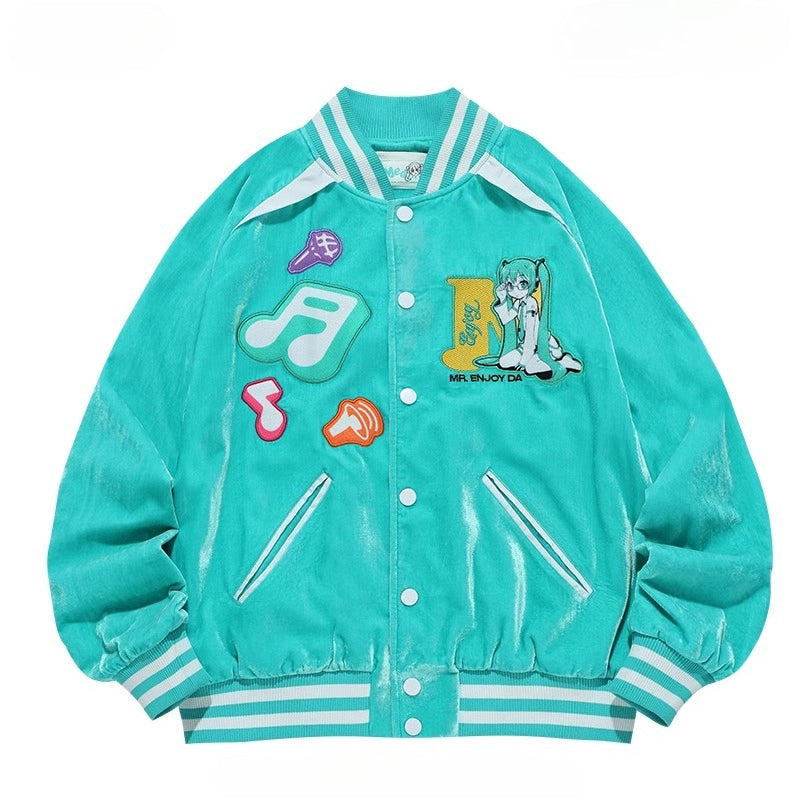Official Licensed Hatsune Miku Velvet Varsity Jacket – Music Note Design, Hip-Hop Short Jacket