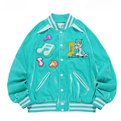 Official Licensed Hatsune Miku Velvet Varsity Jacket – Music Note Design, Hip-Hop Short Jacket