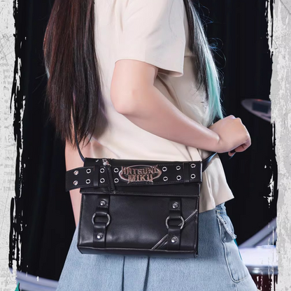 Official Hatsune Miku Rock Future Large Capacity Commuter Crossbody Bag, Studded Punk Biker Shoulder Bag for Women