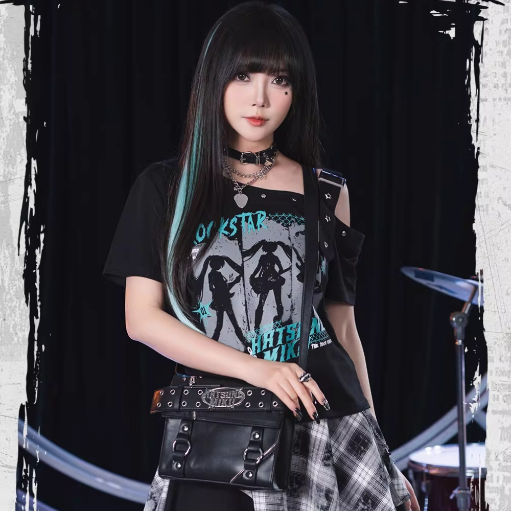 Official Hatsune Miku Rock Future Large Capacity Commuter Crossbody Bag, Studded Punk Biker Shoulder Bag for Women
