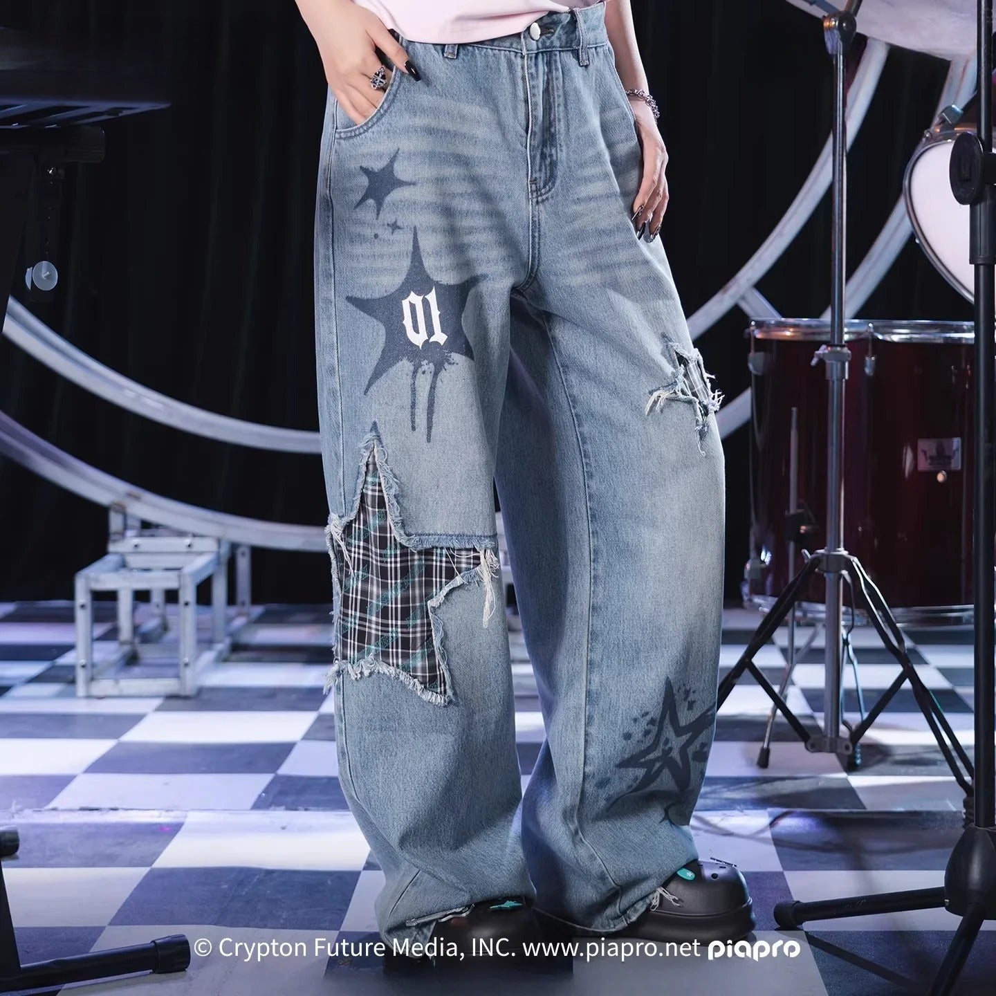 [Pre-Order, Ships Within 60 Days] Official Hatsune Miku Rock Future Punk Distressed Printed Wide-Leg Jeans for Women
