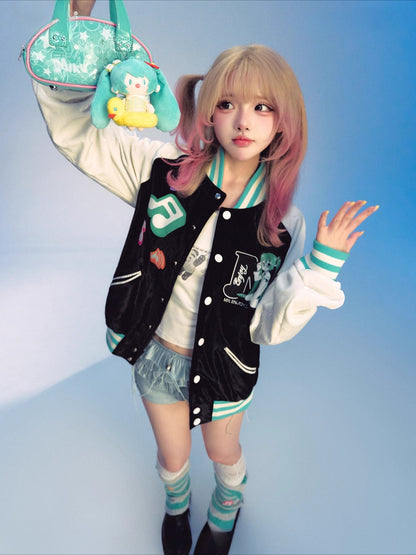 Official Licensed Hatsune Miku Velvet Varsity Jacket – Music Note Design, Hip-Hop Short Jacket