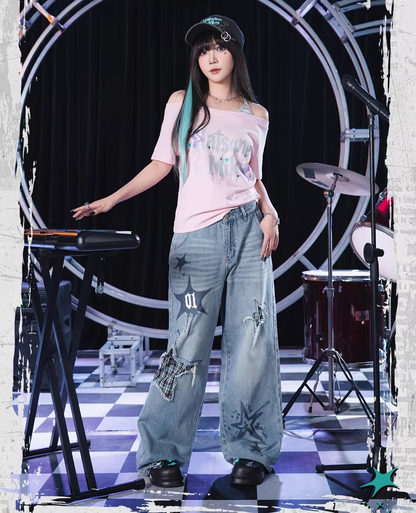 Official Hatsune Miku Rock Future Vintage Off-Shoulder Cropped T-Shirt for Women, Loose-Fit Top