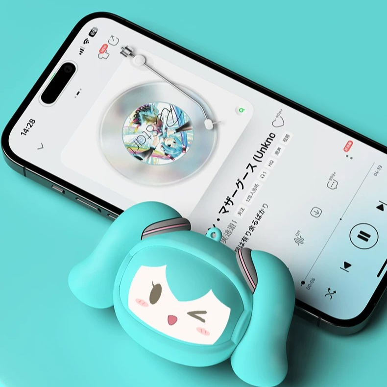 Official Hatsune Miku Clip-on Bluetooth Headphones, Slide-to-Change Face Open-Ear Earbuds with Cute Miku Expressions