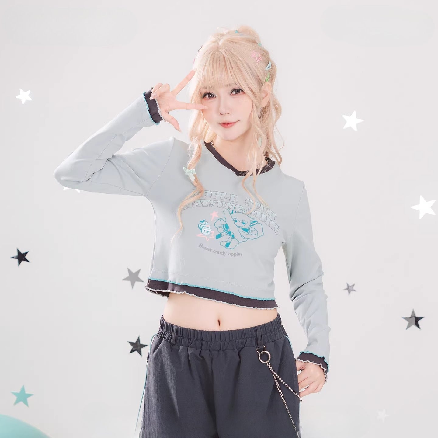 Official Hatsune Miku Y2K Ice Candy Long Sleeve V-Neck Cropped Top – Slim Fit Streetwear