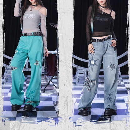 Official Hatsune Miku Rock Future Off-Shoulder Mesh Long Sleeve Top for Women, Layered Cami T-Shirt