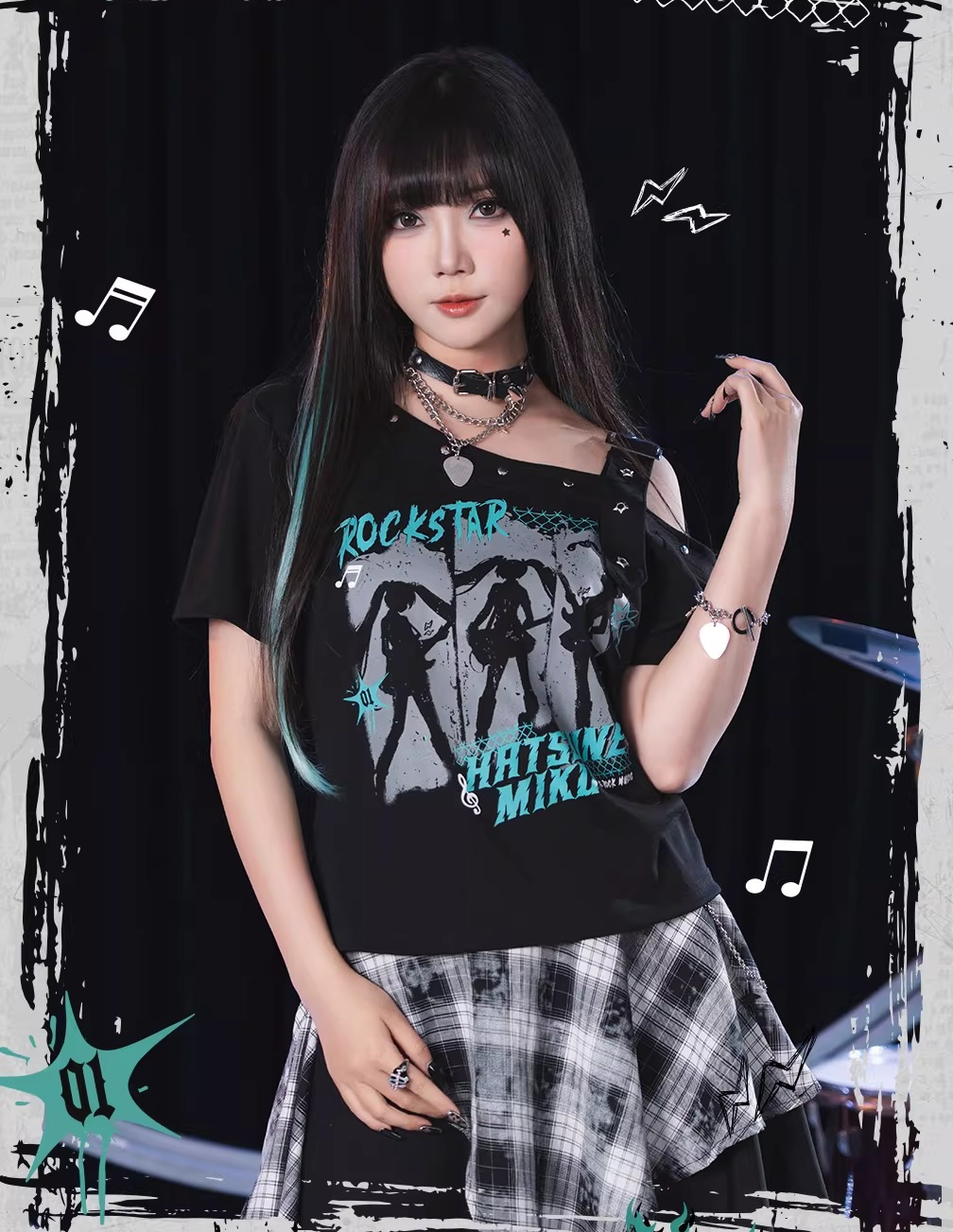 Official Hatsune Miku Rock Future Vintage One-Shoulder Cami Short Sleeve Top, Loose-Fit Summer Shirt