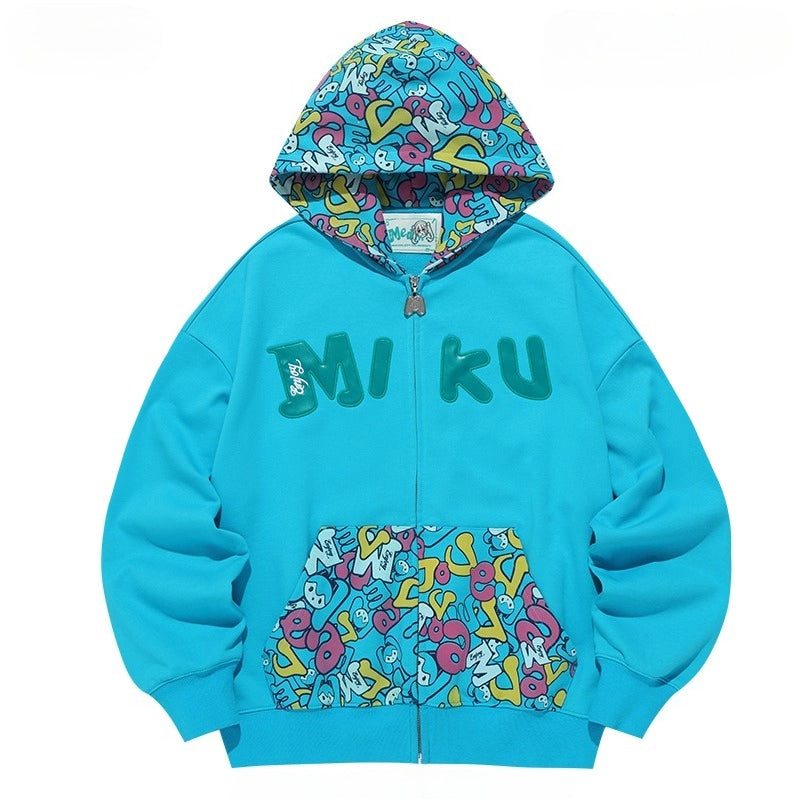 Official Licensed Hatsune Miku Patchwork Camo Zip-Up Hoodie – Lightweight Spring/Fall Jacket
