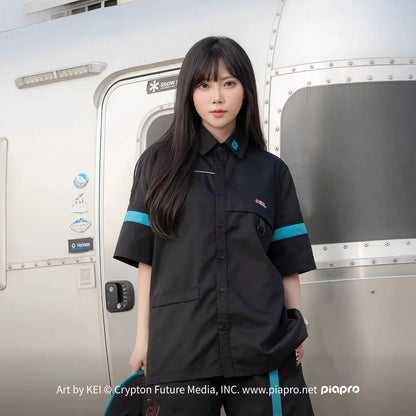 Official Hatsune Miku Neon EDM Short Sleeve Cargo Shirt, Loose-Fit Summer Top for Couples