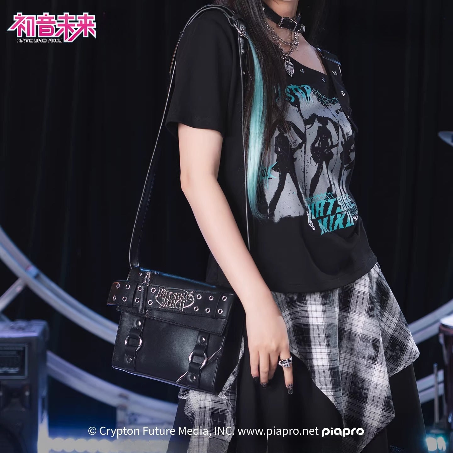 Official Hatsune Miku Rock Future Large Capacity Commuter Crossbody Bag, Studded Punk Biker Shoulder Bag for Women