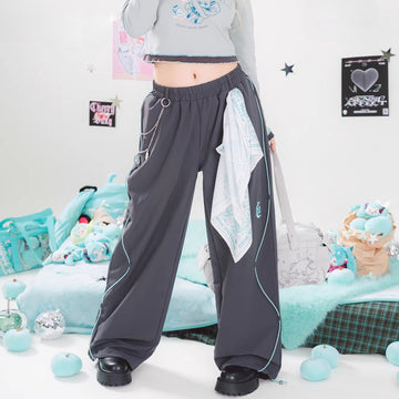 Official Hatsune Miku Y2K Color Block Cargo Pants – Women’s Wide Leg Streetwear Trousers with Detachable Scarf
