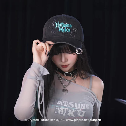 [Pre-Order, Ships Within 60 Days]Official Hatsune Miku Rock Future Embroidered Distressed Baseball Cap, Unisex Sun Visor Hat