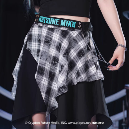 Official Hatsune Miku Rock Future Plaid Patchwork Asymmetrical High-Waisted Mini Skirt for Women