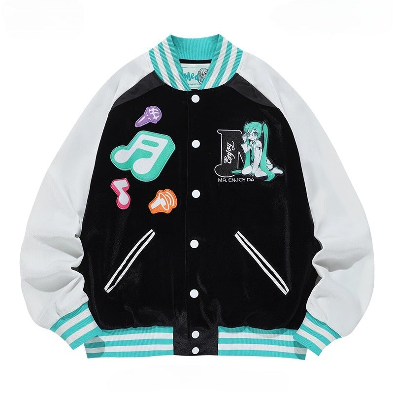Official Licensed Hatsune Miku Velvet Varsity Jacket – Music Note Design, Hip-Hop Short Jacket