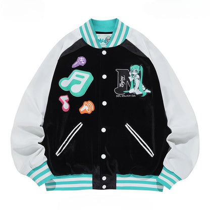 Official Licensed Hatsune Miku Velvet Varsity Jacket – Music Note Design, Hip-Hop Short Jacket