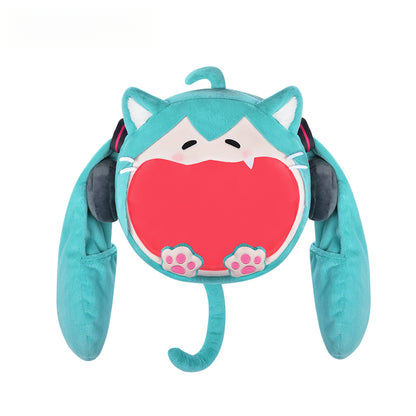 Plush cat-style Hatsune Miku backpack with long twin tails and open-mouth design