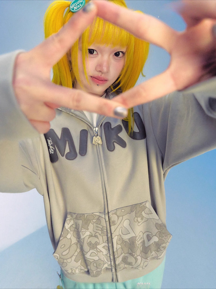 Official Licensed Hatsune Miku Patchwork Camo Zip-Up Hoodie – Lightweight Spring/Fall Jacket