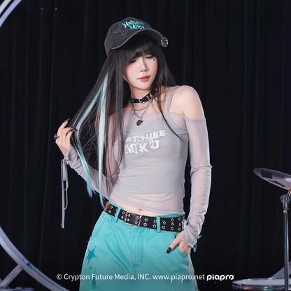 Official Hatsune Miku Rock Future Off-Shoulder Mesh Long Sleeve Top for Women, Layered Cami T-Shirt