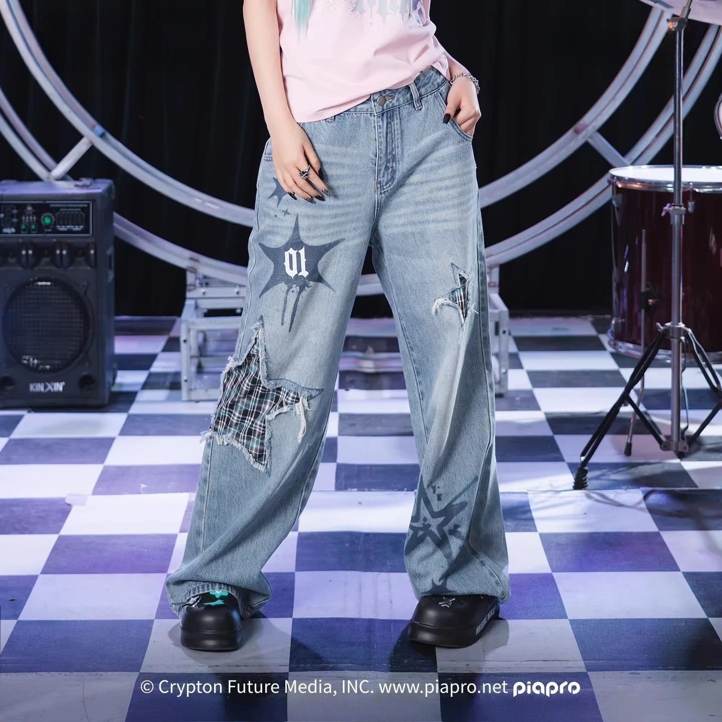 [Pre-Order, Ships Within 60 Days] Official Hatsune Miku Rock Future Punk Distressed Printed Wide-Leg Jeans for Women