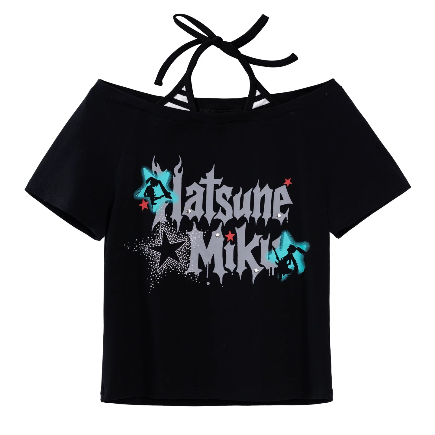 Official Hatsune Miku Rock Future Vintage Off-Shoulder Cropped T-Shirt for Women, Loose-Fit Top