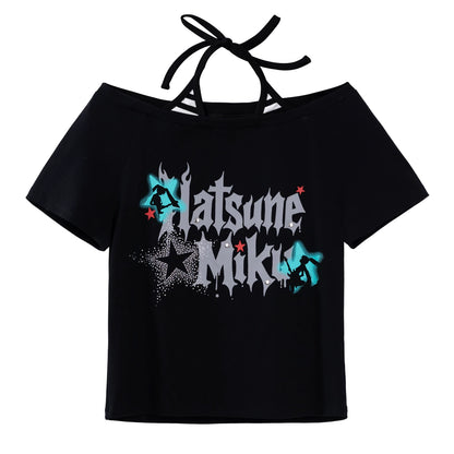 Official Hatsune Miku Rock Future Vintage Off-Shoulder Cropped T-Shirt for Women, Loose-Fit Top