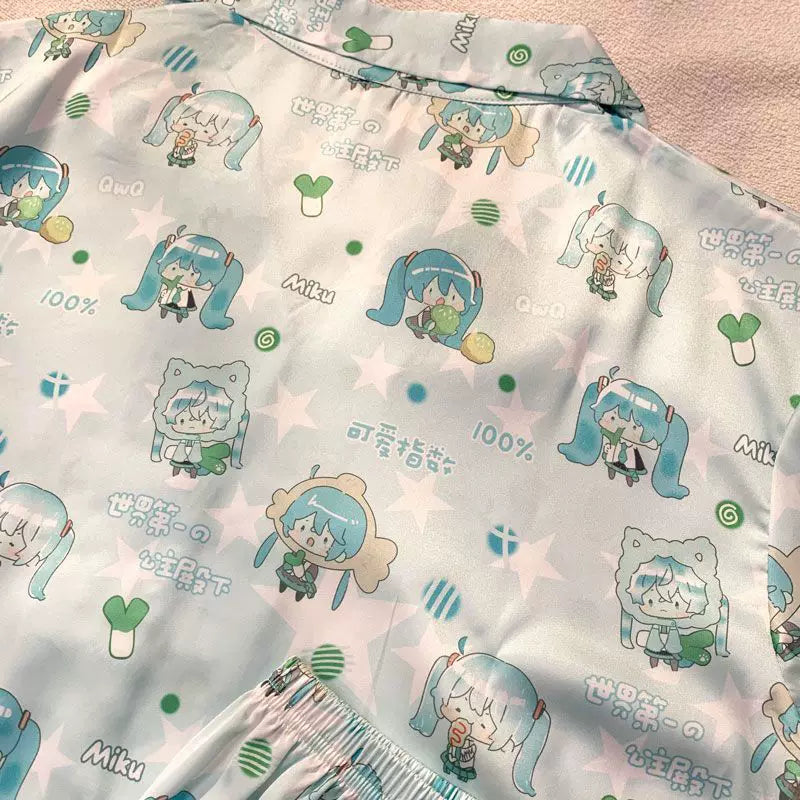 Fanmade Hatsune Miku Ice Silk Pajama Set – Lightweight Short Sleeve & Shorts Summer Loungewear
